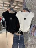 Round-Neck Short-Sleeved Sweater Women's Summer Korean Sweater Sweet Gentle Sweater Pull Rope Wrinkle Slim Bm Blouse-Outfit