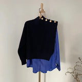 Chic 2020 Autumn High Collar Side Buttons Fake Two-piece Shirt Stitching Striped Bubble Sleeve Sweater Blue