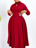 Fongt Women's New Fashion High-Neck Elegant Nail Beads Big Swing Dress Waist African Dress