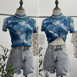 Real Shooting Retro Tie-Dye Double-Layer Mesh Half-High-Neck Short-Sleeved T-Shirt T-Shirt Short-Sleeved T-Shirted Woman