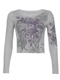 Floral Rhinestone Long Sleeve Crop Top-Outfit