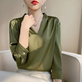 Fongt 2023 Summer Women's New Satin Shirt V-Neck Simple Nine-Minute Sleeve Temperament Versatile French Jacket-Outfit