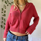 Fongt Hooded Zipper Cardigan Pocket Design Solid Color Sweater Coat Slim Short Style Top-Outfit
