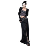 Fongt Summer New Women's Leather Buckle Print Chest Wrapped Small Vest Belt Slit Skirt-Outfit
