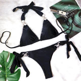 Fongt New Swimsuit Sexy Crystal Diamond Solid Color Strap Bikini Beach Vacation Swimsuit