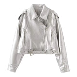 Fongt Women's ZA Autumn And Winter New Slad Zipper Belt Collar Leather PU Jacket