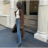 Brown Suede Long Belt Trench Coat-Outfit