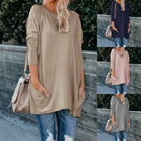 Wise Women's New Round Collar Long Sleeve Pocket T-Shirt Top-Outfit