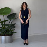 Fongt New Women's Single-Cringed Knitless Knitted Solid-Colored Waist Dress