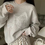 Round Neck Embroidered Bow Pullover Sweatshirt-Outfit