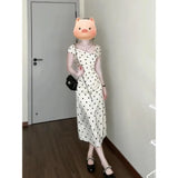 Fongt Spring Popular French White Wave Dot Three-Dimensional Flower Dress Pinch Folded Waist Thin Temperament Long