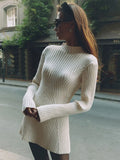 Women Elegant Solid Knitted Mini Dress Fashion Long Sleeve O Neck Ribbed Dresses 2023 Autumn Winter Female Streetwear Robes-Outfit