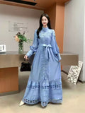 Fongt Small Vintage Hollow Lace Splicing Strap Belt Lantern Sleeve Dress Female Court Long Dress