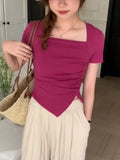 Women's T-Shirt Shows A Sense Of Thin Short-Sleeved Design Minority Pleated Irregular Slimming Blouse Square Collar Clavicle