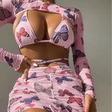 2023 New Butterfly Print Drawstring Strap Sexy Four-Piece Swimsuit