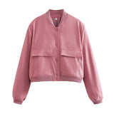 Fongt Color Jacket 2023 Stand Collar Double Pocket Solid Color Locomotive Ker Pilot Jacket Cotop Female-Outfit