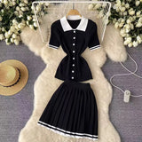 Fongt Style POLO Collar Short-Sleeved Top + High-Waisted 100-Folded Skirt Knitted Two-Piece Suit Woman