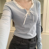Lace Trim Front Tie Long Sleeve Tee-Outfit
