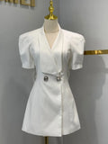 Puff Sleeve Large Collar Back Bow Blazer Mini Dress-Outfit