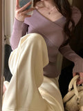 Fongt Comfortable Gentle Thin Fashion Temperament Gray Purple V Collar Knitted Knitted Shirt Niche Shirt