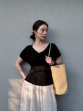 Fongt Xixi 13 Lines 2025 Summer New Temperament Simple Thin Elegant V-Tneck T-Shirt Top Women 25241