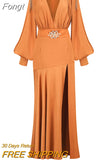 2023 Fall New Women's High Quality Sexy V-Neck Pleated Lantern Sleeve Long Dress with Belt Elegant Celebrity Party