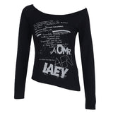 Fongt Dark Letter Print Slanted Shoulder Loose Short-Sleeved T-Shirt Millennium Hottie Street Sexy Backhide Hop Top