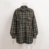 Shirt Female Autumn 2024 New Vintage Double Pocket Plaid Stripe Medium Long Shirt-Outfit