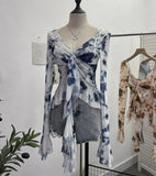 Irregular Kinking Of The Net Yarn Irregularly Kinked Lotus Lobe Slings Shoulder Horn Sleeve T-Shirt Short Top