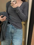 Women Soft Cotton Grey Front Buttons Striped Tees 2023 Summer Vintage O Neck Long Sleeves Female Tops Chic-Outfit
