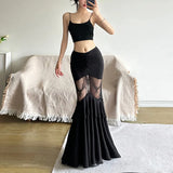 Fongt Summer New Women's Dark Wind Temperament Lace Stitching Perspective Large Swing Skirt-Outfit