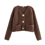 Fongt Women's Solid Color Single Buckle Double Pocket Short Thick Knit Shirt Coat Top B66004