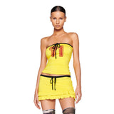 Fongt Women's Summer New Drawstring Strapless Tectar T-Shirt Wood-Eared Half-Dress