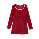 Fongt Women's Autumn And Winter New Diamond-Sleeved French Waist-Sleeved Velvet Mini Dress