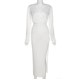V Neck Long Sleeve Midi Dresses High Split Autumn 2021 Vintage Chic Party Wear Elegant Female White Aesthetic
