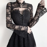 Horn Sleeve Black Collar V Inner Blouse The Court Tight Long-Sleeved Perspective Lace Bottomed Shirt-Outfit
