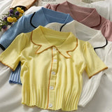 Summer Women Knitted Short Sleeve Patchwork Polo Collar Cropped T-shirts Girls Large Elastic Slim Tshirt Tees Crop Tops-Outfit