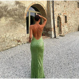 Green Sequin Backless Sling Maxi Dress-Outfit
