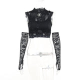 Dark Skull Fishnet Mall Gothic Women Tank Tops Grunge Aesthetic Punk Black Crop Top With Glove E-girl Emo Alternative