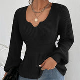 Fongt Sweater Women's Fashion V-Neck Jumper Solid Color Long Sleeve Flounces Closed Waist Women's