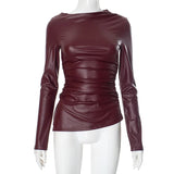 Faux Leather Long Sleeve Ruched Top-Outfit