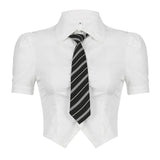 Wind Tie Slim Solid Color Short Sleeve Shirt Women's 2024 Summer New Top Fashion-Outfit
