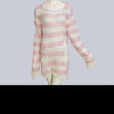 Fongt Version Of The Hollow Hole In The Long Sweater Female Lovers Stripes Loose Color Dark Versatile Knit Niche-Outfit