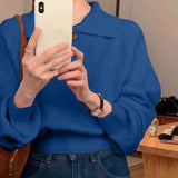 Fongt Blue Collar Long-Sleeved Knitted Bottom Shirt Women's Autumn And Winter Loose Short Sweater With Temperament Small Top