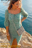Vintage Long Sleeve Green Floral Dress Women Spring Autumn Slit Long Maxi Dress 2023 Leaf Print Boho Dress Vestidos
