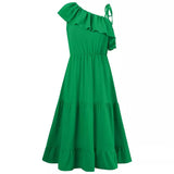 Fongt Summer Leisure Clear New Women's Single Shoulder Solid Color Flounce Waist Dress-Outfit