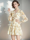 Court Style Lantern Sleeve V Collar Waist Shows Thin Medium And Long A Word Lotus Leaf Edge Printed Chiffon Dress-Outfit