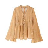 Fongt Women's New Lace Decoration Chiffon Loose Long-Sleeved Shirt Top