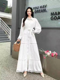 Fongt High-End Retro Collar Single Buckle Lantern Sleeve Dress Women's Hollow Lace To Receive Long Waist Skirt