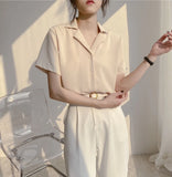 Fongt Spring And Summer College Style Retro Korean Version Of Professional Suit Collar Turn Students Short Sleeve Shirt Female Pure Color Top